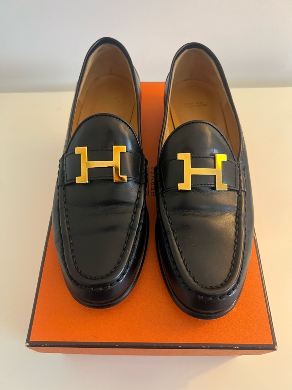 Vintage Hermes Paris Leather Loafers in Black with Gold Hardware